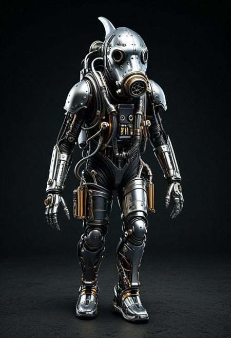 8k, Tilt shift photography style, mechanical zombie, walking, whale head, black gas mask, silver armor, shick shark arms, mechanical back pack, shilver circuits, propeller on body, walking on the cave, simple dark background, minimalist, extremely detailed,qu4ntum