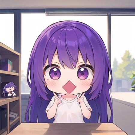 open mouth, 1girl, (chibi:1.4), smile, open mouth, upper body, standing, , purple hair, indoors
<lora:squaremouth_v100:1>