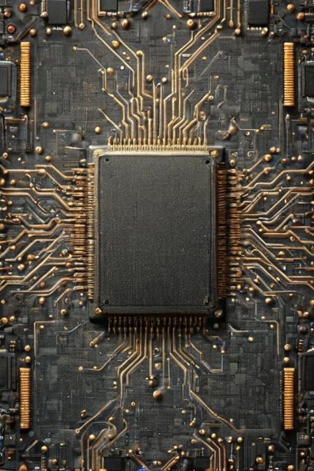 <lora:ral-semiconductor:1> circuitboard, (((3/4 top down view))), ((symmetrical)), balanced, black and gold, millions of gold traces, quantum central processor, laser prism spectrum gradient background