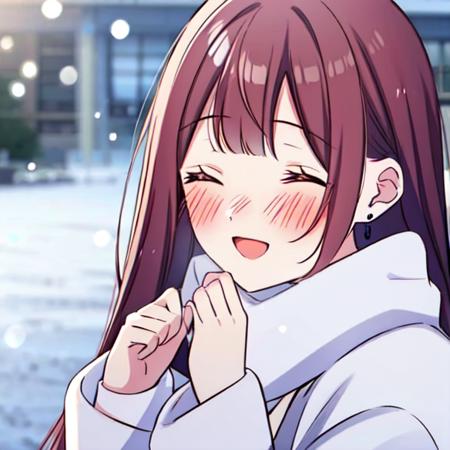 <lora:WakaSakuraba:0.85>, waka sakuraba, 1girl, solo, long hair, blush, smile, open mouth, bangs, brown hair, long sleeves, jewelry, closed eyes, upper body, earrings, scarf, coat, hands up, ^_^, snowing, white coat, blue scarf