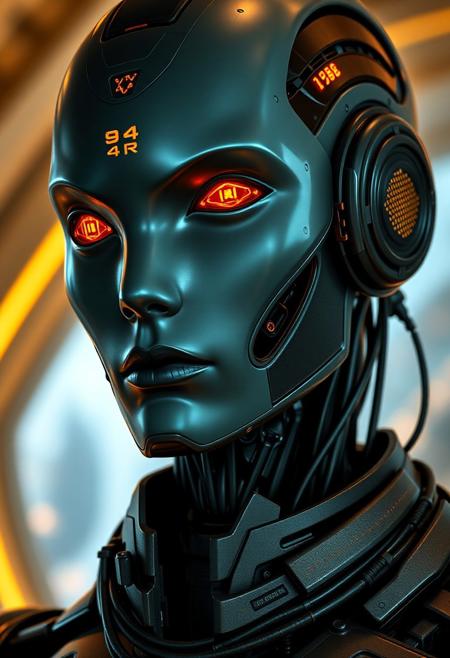 A close-up of a futuristic humanoid android with a sleek, metallic face in shades of teal, grey, and black. The android’s glowing orange-red eyes have geometric, mechanical pupils, giving an intense, focused gaze. Its face is smooth and humanlike, but segmented with visible panel lines and printed alphanumeric codes like "94R" beneath one eye. The lips are matte black, expressionless and cold. Attached to the side of the head is a cybernetic module with small illuminated symbols, hexagonal grids, and a connector-like structure. The neck transitions into a complex, dark mechanical collar made of layered, textured materials with cables and joints. The background is softly blurred with warm beige-yellow lighting and indistinct futuristic shapes, suggesting a sci-fi indoor setting. The overall mood is high-tech, enigmatic, and slightly ominous.