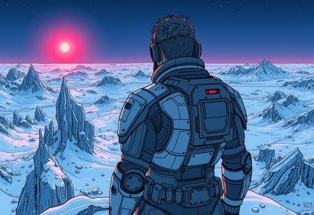Lovingly drawn science fiction coloured lineart illustration showing a view over the shoulder of a rugged space explorer clad in a robust machined exosuit standing on crest of a ridge overlooking a jagged icy plain of frost, snow, rock outcroppings dotted with crystals reflecting light of a distant red star beneath a dim, abyssal blue sky, 1man, from behind, exosuit, power armor, ice, rocks, jagged terrain