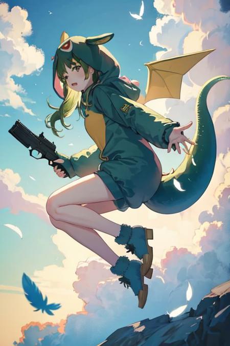 gaogaonichika, 1girl, solo, hood, bangs, green hair, fangs, animal costume, tail, wings,
foot out of frame, holding, holding gun, holding weapon, solo, weapon, blue sky, cloud, cloudy sky, day, falling feathers, floating hair, from side, full body, groin, outdoors, sky, sunlight, twintails day
<lora:nichika-gao-v1.1b:1>