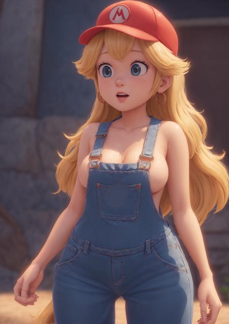 3D render, pixar style, Princess_Peach (wearing nothing except dungarees), wearing red mario_hat,  sideboob, topless, large breasts, looking down, thick thighs, THICK, cameltoe, skin indentation, skindentation, ass focus, SEEN FROM BELOW, wet skin, 1girl, blonde hair, seductive expression, sexy eyes, shiny skin, simple background  <lora:peach:0.5>