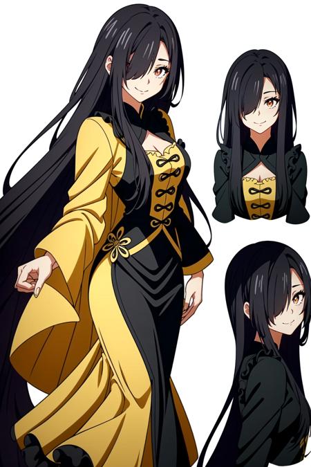 <lora:Ouyang Xueli:1> Ouyang Xueli, 1girl, solo, long hair, hair over one eye, black hair, dress, white background, red eyes, simple background, full body, very long hair, frills, smile, yandere, yellow diamond pupils, ((Extremely Detailed)), ((Best Quality)), ((Masterpiece)), ((4k)),