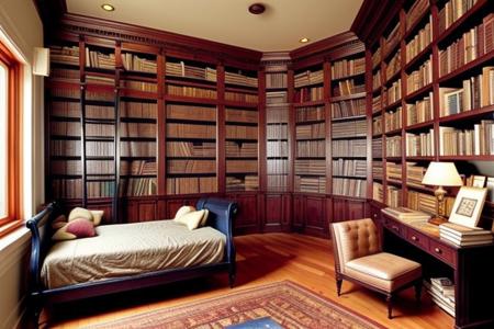 a fantasy bedroom that is also the owner's personal library with books everywhere