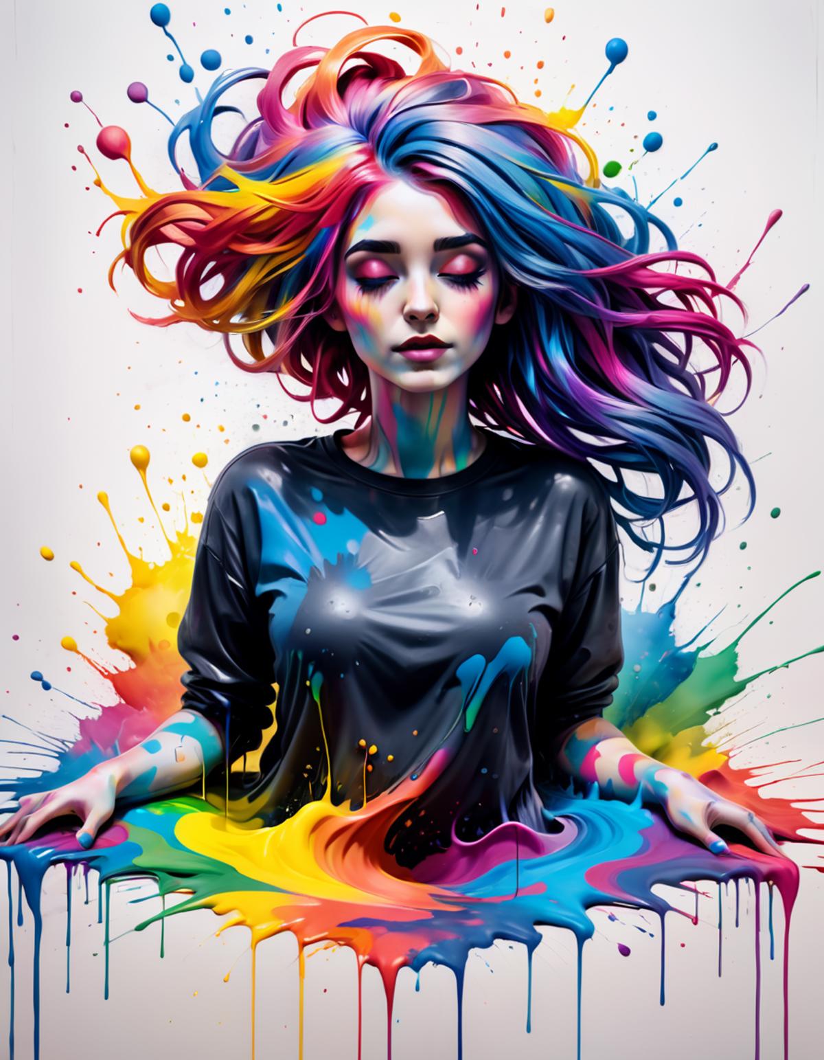 A woman with colorful hair and a black shirt appears to be drenched in paint, with a colorful background.