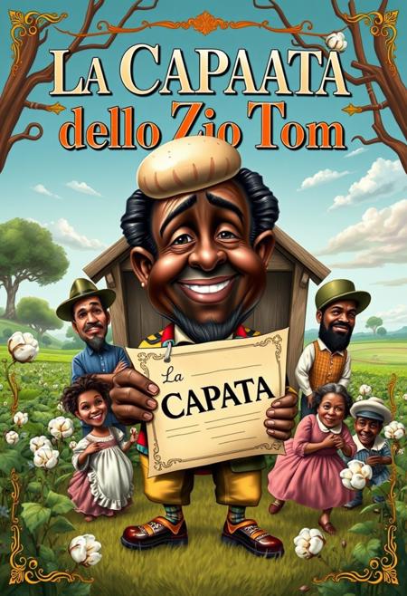 “Create a caricature-style book cover inspired by Uncle Tom’s Cabin, reimagined as La CAPATA dello Zio Tom. The design should combine humor and social commentary with bold, vibrant colors, evoking a 19th-century vintage book cover aesthetic.
Uncle Tom is depicted as a larger-than-life, jovial character with a large, exaggerated bump on his head, having just knocked it against a wall. His attire is patched yet colorful, and he’s holding an oversized, ornate contract or receipt labeled ‘La Capata,’ symbolizing the deposit. The bump on his head adds a humorous, slapstick element to the scene.
Around him, incorporate exaggerated caricatures of key characters from the novel, each embodying whimsical yet pointed social commentary. The plantation backdrop should include surreal, playful elements, such as oversized cotton plants and an idyllic yet exaggerated landscape.
The title, La CAPATA dello Zio Tom, should dominate the cover with intricate, ornate typography, blending classic 19th-century styles with a lively, modern twist. Add small, humorous details, like hidden icons or ironic elements, to complete the satirical tone while respecting the serious themes of the original work.”