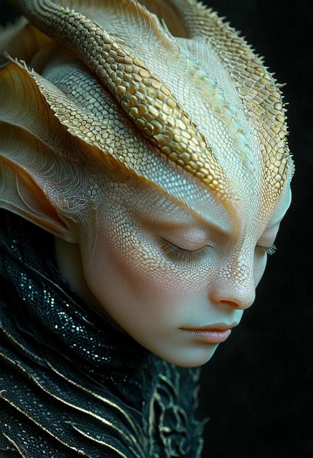 The image is a highly detailed, digital CGI artwork depicting an ethereal, otherworldly being with an androgynous appearance. The subject has a pale, almost translucent skin with a scaly, reptilian texture on the face, similar to a gecko's skin. Their face is elongated with a delicate, almost alien nose and large, almond-shaped eyes closed, giving a serene expression. The eyes have intricate, reptilian patterns around them, enhancing the alien aesthetic. 
The being has two large, curved, horn-like structures protruding from the top of its head, which are a lighter shade of pink with a darker, scaly pattern that matches the face. The ears are pointed and elongated, typical of elven or fae-inspired beings.
They wear an intricate, dark, ornate garment with intricate, swirling gold patterns that seem to be a part of their outfit rather than separate fabric. The clothing appears to be a blend of dark, almost black material with a shimmering, metallic gold overlay, adding to the ethereal, mythical appearance. 
The background is a deep, dark, and mysterious fabric draped in a way that suggests a luxurious, perhaps velvet texture, which contrasts beautifully with the ethereal being.