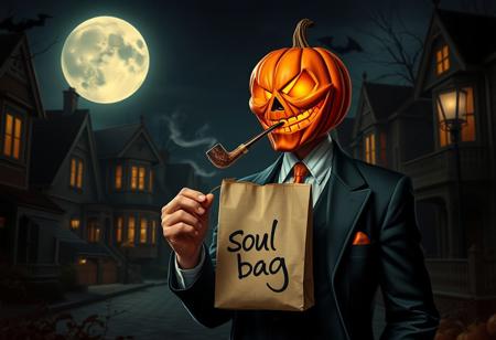realistic, Halloween time, dark streets, beautiful houses, night, big moon,  jackolantern malicious, false smile, elegant suit, orange tie, smoking a pipe, expressive, a paper bag with the text "soul bag" handwrite, street lights, shadows,