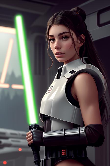 picture of (cm550), a woman as a sexy jedi master, modelshoot style, (extremely detailed CG unity 8k wallpaper), photo of the most beautiful artwork in the world, professional majestic oil painting by Ed Blinkey, Atey Ghailan, Studio Ghibli, by Jeremy Mann, Greg Manchess, Antonio Moro, trending on ArtStation, trending on CGSociety, Intricate, High Detail, (Sharp focus:1.2), dramatic, photorealistic painting art by midjourney and greg rutkowski, (natural light:1.1), (star wars ship interior:1.3), ((stormtroopers in the background)), (looking at viewer), (detailed eyes:1.2), (wielding a lightsaber:1.1), (revealing jedi attire:1.3),  (defiance512:1.2), fight scene, (darth vader in background)