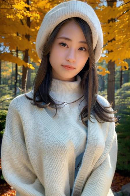 1girl,(wearing a cardigan over a turtleneck sweater:1.2),(wearing a wooly beret),(RAW photo, best quality), (realistic, photo-realistic:1.4), masterpiece, an extremely delicate and beautiful, extremely detailed, 2k wallpaper, Amazing, finely detail, extremely detailed CG unity 8k wallpaper, ultra-detailed, highres, soft light, beautiful detailed girl, extremely detailed eyes and face, beautiful detailed nose, beautiful detailed eyes,cinematic lighting,(in a beautiful forest of pine trees at a Japanese countryside),(autumn scenery:1.3),(maple trees in autumn),(by a small rocky river),(morning light),perfect anatomy,slender body,<lora:sumidaayano_lora:1>