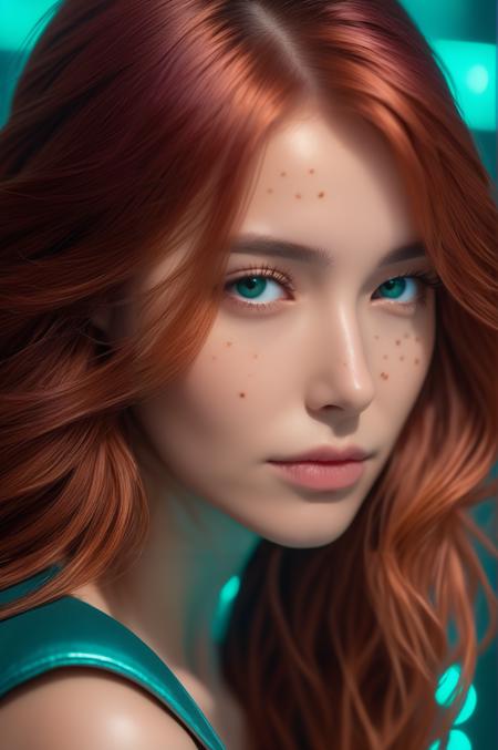 (masterpiece,best quality, ultra realistic,32k,RAW photo,high detailed skin, 8k uhd, dslr,high quality, film grain:1.1),
 long hair, Copper hair:1.1,portrait,lady,  brown eyes, Amaranth cyberpunk, freckles,
(Teal gradient background,led light, edge light, simple background)