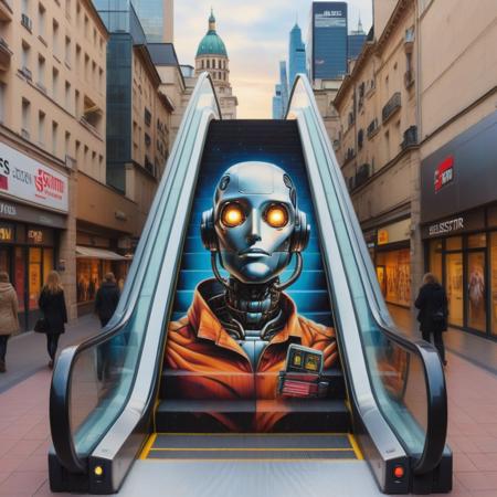 masterpiece, best quality, escalator, robot,a bustling cityscape,escalator-art <lora:escalator-art:0.7>