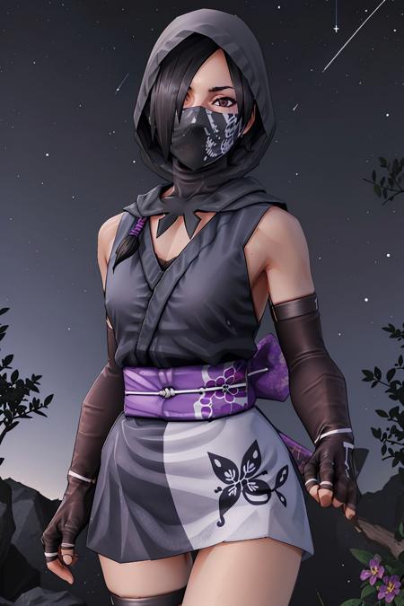 <lora:mosu_ninja_V1.0:0.8>,mosuninja,ninja,1girl,solo,standing,cowboy shot,black hair,brown eyes,hair over one eye,eyeshadow,purple eyeshadow,breasts,small breasts,bare shoulders,mask,mouth mask,covered mouth,ninja mask,japanese clothes,kimono,short kimono,obi,elbow gloves,fingerless gloves,gloves,hood,skirt,sandals,socks,black legwear,toes,thigh strap,forest,tree,(night:1.3),(night sky:1.3),