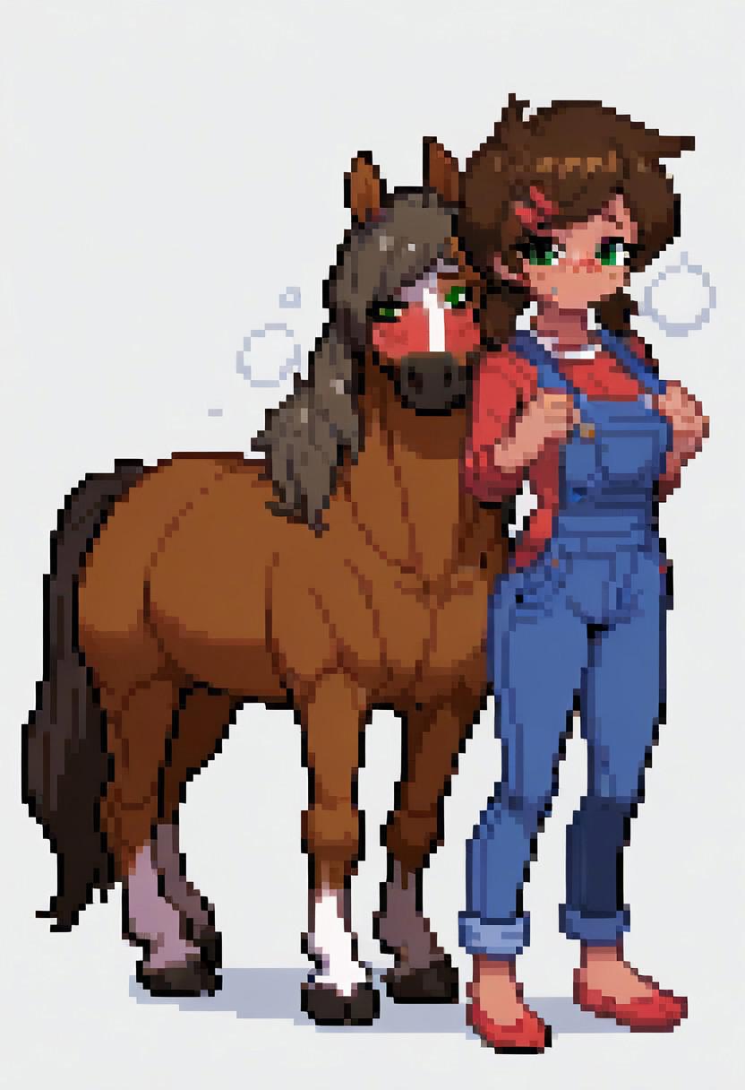 score_9, duo, 1girl and 1horse,human girl and huge feral horse,mom,tall,standing, small breasts,low pigtails, hairclip,(messy hair:0.7), freckles,tanned, green eyes, overalls,confident,trembling, deep blush, looking at you, exhausted,smug,deep blush, sweat, steam, full body, <lora:pk_trainer_xl_v1-1:0.9>, pixel art, 2d, full portrait, simple background, white background