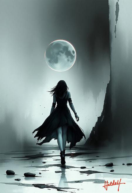 A woman walking in a moody, dreamlike environment, depicted with gentle color contrasts in an ethereal ink wash style. Dynamic brushstrokes, gritty textures, high contrast, cyberpunk and futuristic elements, and organic-mechanical hybrids create an otherworldly atmosphere.