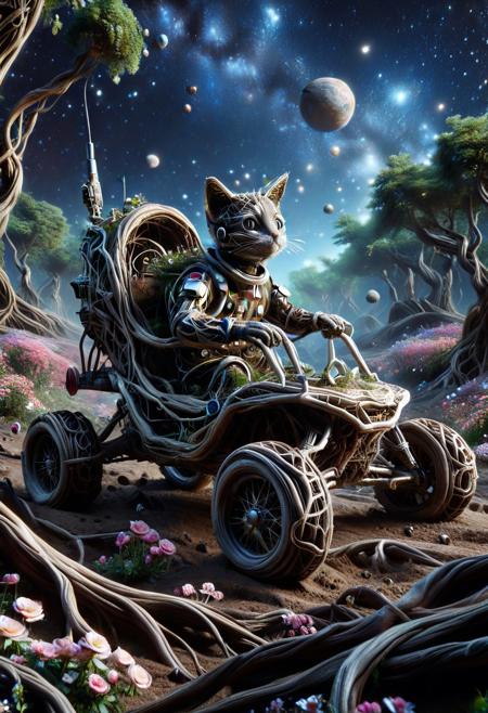 morph-treeroots, (made of roots:1.3), closeup shot, from side, cute small offroad buggy, astronaut cat driving, wear round goggles, wear astronaut suit, run through in space planet forest, Dust, flowers, cinematic, cinematic lighting, (masterpiece, best quality:1.4), ultra-high res, 4k, Photorealistic, insanely detailed, sfw,