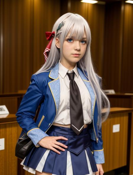 best quality, masterpiece, highres, detailed, realistic, cosplay, <lora:Detail - add_detail:0.2>, RiseliaRC, white hair, wig, hair ribbon, blunt bangs, blue eyes, student uniform, open jacket, blue skirt, upper body, necktie, <lora:Character - RiseliaRC:0.8>,indifferent, cosplay convention, 1girl, long hair,