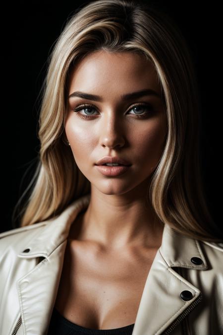 photo of fit (m1kayladem:0.99), a beautiful woman, perfect blonde hair, (modern photo), (Cream  leather jacket and long sleeve top), ((marbled Coyote Brownbackground:1.1)), 85mm, (analog, cinematic, film grain:1.3), detailed eyes, (epicPhoto), (looking at viewer), (cinematic shot:1.3), PA7_Portrait-HL_v2