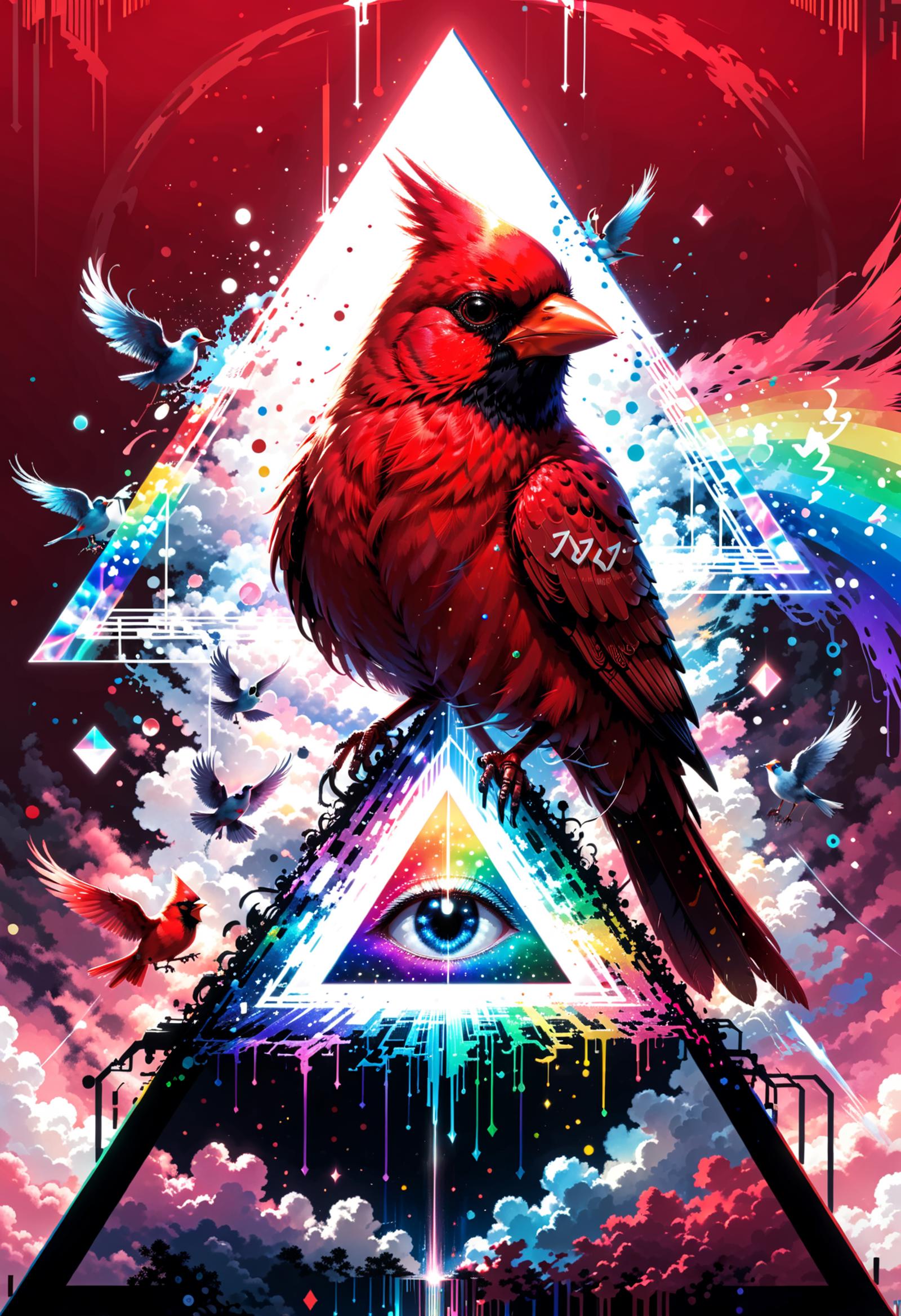 A Red Bird with Black Wings on an Eye Triangle Graphic