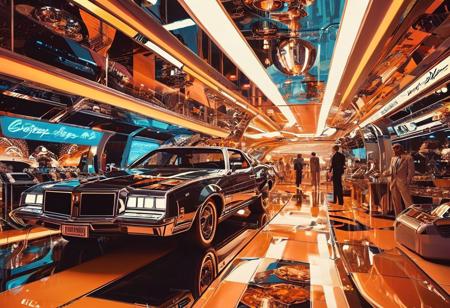 ((70's retrofutursim with Syd Mead art style)), Enter a realm where science fiction meets the disco era, reminiscent of 70's retrofuturism. Immerse yourself in a retro-futuristic metropolis, filled with holographic billboards, futuristic fashion, and advanced technology. The scene is brought to life with the artistry of Syd Mead, capturing the essence of an era that never was.