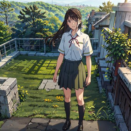 <lora:suzume:0.7>,suzu_me, 1 girl, solo, (standing), full body, brown eyes, black hair, hairclip, single drill, red ribbon, short sleeves school uniform,(green school skirt), outdoors,(light rays:1.2),(sun:1.2),(blue sky:1.1), (cityscape:1.2),lawn,trees,from above