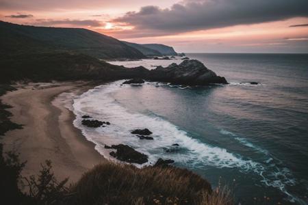 raw photo, a sunset landscape, Valdivian temperate forests coast, Chilean coast,  cliffs, cozy, photorealistic, high detailed texture, 8k uhd, dslr, soft lighting, high quality, film grain, Fujifilm XT3, Sony A7 IV, highly detailed photography, (muted colors, cinematic, dim colors, soothing tones:1.2), vibrant, insanely detailed, hyperdetailed, (dark shot:1.2), (vsco:0.3), (intricate details:0.9), (hdr, hyperdetailed:1.2) (highest coherency: 1.39) (highest quality: 1.39)