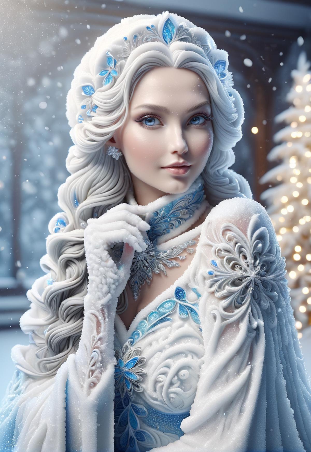 Blue-eyed Snow White with blonde hair and blue accents on her dress.