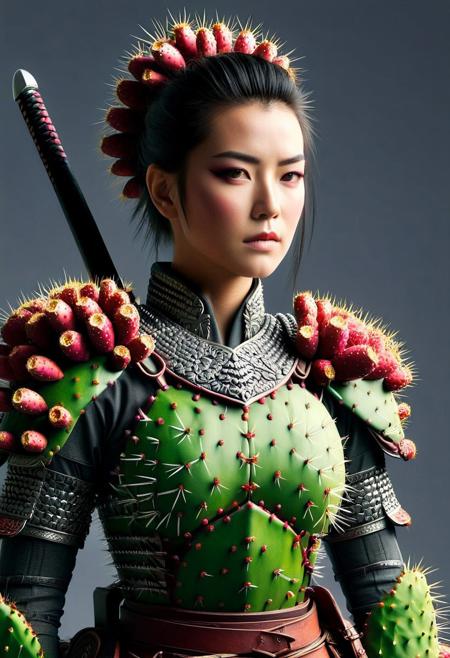 Ultrarealistic. sharp focus, dynamic lighting. play of light, Raytracing, Ultra detailed. (Prickly Pear Style). A beautiful female samurai warrior wearing an armor made of Prickly Pear. Katana in hand. Cowboy shot. Make up.