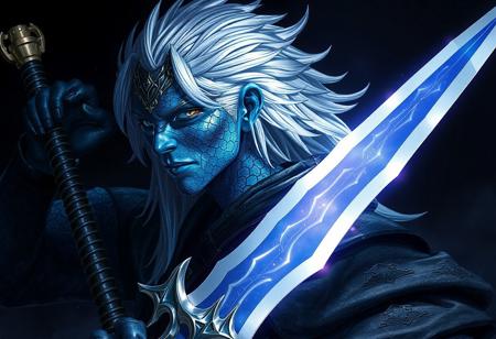 "Create a highly detailed, realistic portrait of a Black Luster Soldier - Envoy of the Beginning with a Divine Sword - Phoenix Blade, inspired by dark souls III and featured on AmiAmi. The character should exhibit a dynamic pose, with blue scales and platinum skin. The design should incorporate elements of video game character design and that of a blacksmith. Consider incorporating dark, mysterious, and cinematic elements, with a focus on sharp, defined features. The final piece should be trending and highly detailed, suitable for a concept art piece."