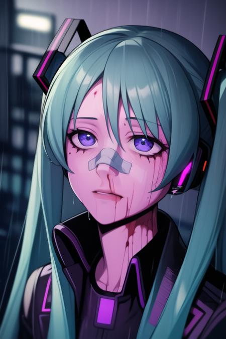 hatsune miku, night, neon lighting, detailed background  detailed hair, detailed rain, detailed lighting, detailed urple light effect, <lora:yllicft-10:1>  yllicft, solo, rain, injury, blood on face, bandaid on face, bandaid on nose, looking up, upper body, extremely detailed, amazing shading, dark, amazing details, detailed background,, detailed shading, detailed ambient light, detailed background, masterpiece,