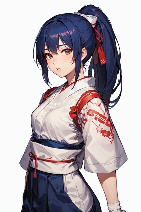 (masterpiece, top quality, best quality, official art, beautiful and aesthetic:1.2), (1girl:1.3), (fractal art:1.3),ponytail, hakama , (blue hakama skirt:1.3),japanese clothes,  headband,(white tabi:1.3),(white japanese socks:1.5),red belt, simple background, (Cinmatic:0.4) ,upper body,  <lora:TODO KASUMI:0.8>