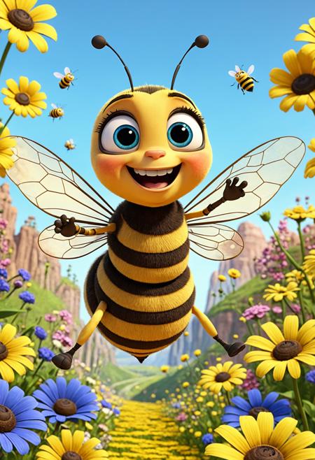 A cute bee flying in the air in the style of Disney, cartoon character design in the Pixar style, bright colors, yellow and black striped body with big blue eyes, surrounded by flowers, happy expression, flying pose, high definition photography, rich details, bright light, cheerful movements