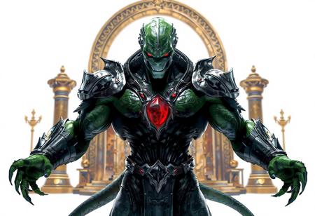 "A muscular green Lazion, a Timelord alien, stands center stage in a stark white void. Its black and silver armor clads torso and arms, glowing with a red gem on the chest that pulses with energy. The Lazion’s arms are outstretched, fingers curled as if ready to strike, while its face is rendered with super detailed eyes and a fierce expression. The background, 'Treasures of the Kings,' features a golden archway and ancient relics, contrasting with the alien’s monochrome ensemble. Lighting is dramatic, casting sharp shadows and highlighting the armor’s metallic sheen. The composition balances dynamic action with intricate design, evoking a sense of power and mystery. Style: Raphael’s fluidity meets Houdini’s precision, with a splash ink illustration texture. The image is crafted in Unreal Engine 5, ensuring lifelike details and a golden ratio layout."