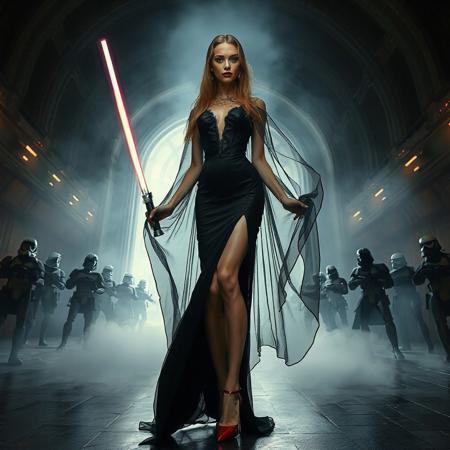slender arrogant cold femme fatal russian princess wearing black rich  victorian  dress  with high slit puffy full skirt , small size opulent glossy red  high heels, ultrathin black transparent slime cloak, jewels, elegant small light saber in her right hand, lifting her skirts with left hand, posing standing, view from below,  evil grin, green eyes, lipstick, giant portal to outer space, fog from the floor, empire spaceship hangar, surrounded by halo odst troopers, TIE spaceships at the background, fashion look, hollywood, vogue makeup, porcelain skin, long haired, ultrathin waisym reminiscent of Lucas, Spielberg styles, with close-up glamour photography and dramatic lighting view from below,
