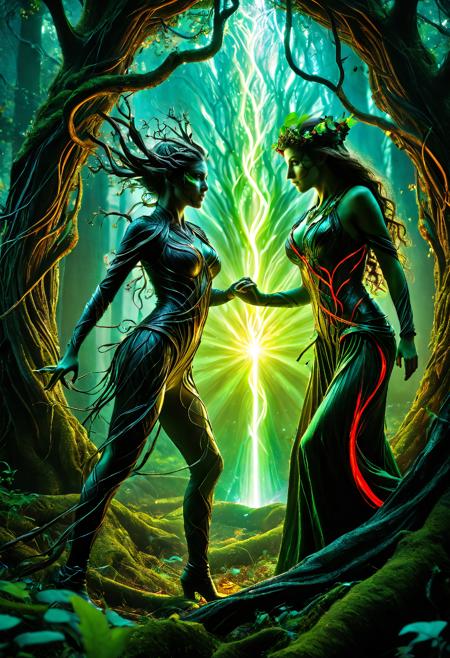 Dryad vs Dryad, corrupted dryad with glowing red veins, twisted bark and dark vines, facing radiant dryad with green light aura, battlefield in enchanted forest, leaves swirling from both sides, dramatic lighting split in color, fantasy combat, dynamic pose, magical contrast, masterpiece, ultra sharp, detailed background, glowing magic effects