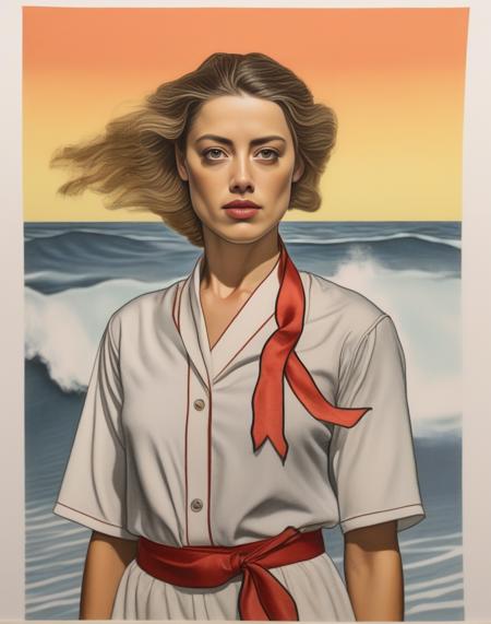 AmberHeard, art by Elsa Beskow, portrait,close up of a athletic Venezuelan Woman, Surfing, Handkerchief, Imperial Mustache, Hair Ribbons, at Sunset, Screen print, Neo-Primitivism, Selective focus, professional,  <lora:AmberHeardSDXL:1>