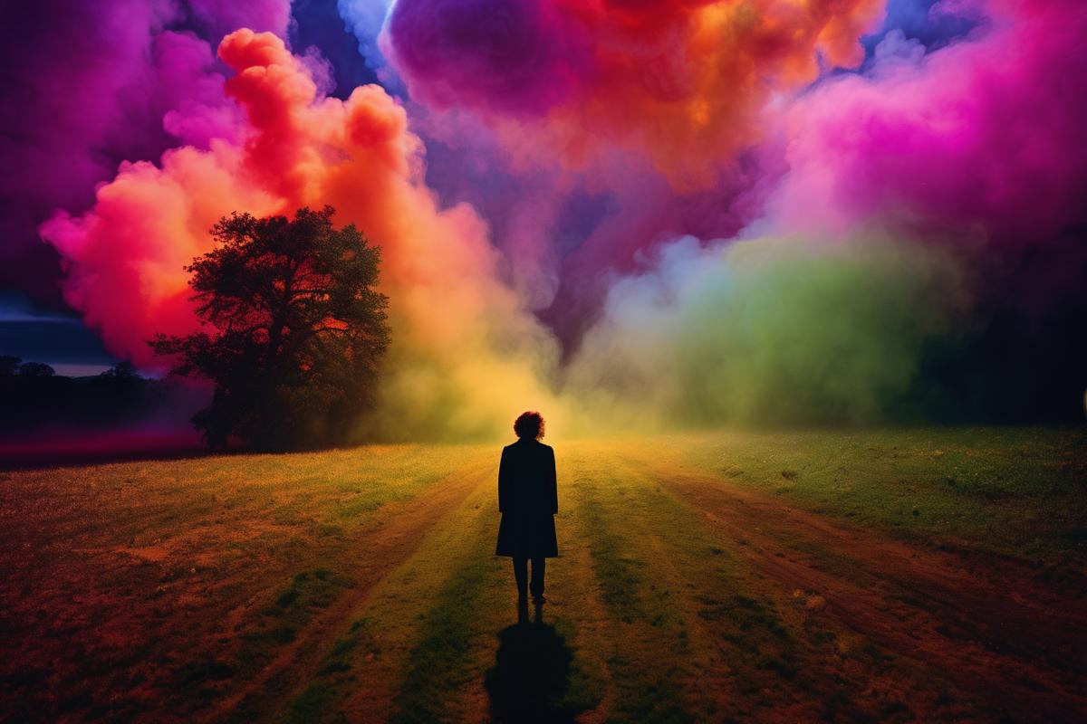 A person walking down a path during a colorful sunset.