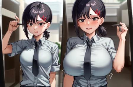 masterpiece, best quality,1girl, higashiyama kobeni,  <lora:kobeni:1>, black hair, black eyes, short hair, short ponytail, side ponytail, bangs, single sidelock, hair ornament,<lora:Breast_expansion-4_2:0.6>, (breast expansion:1.2), huge breasts, (formal:1.2), necktie,sfw