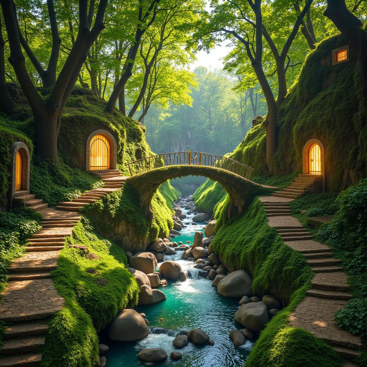 A fantasy fairy forest with a babbling stream and trees with fairy doors and windows with bridges here and there,