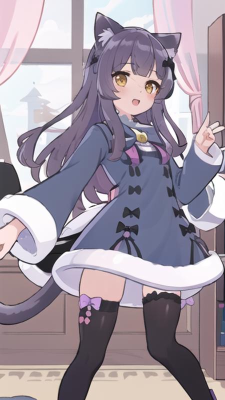 <lora:Milk-Re-v1.1-:0.5>, <lora:thickerLinesAnimeStyle_loraVersion:0.8>, (cat ears, cat tail, brown eyes), 1girl, ((dress, blue dress, long sleeves, black thighhighs, hair bow, bell, bow, purple hair, cross-laced footwear, fur-trimmed dress)), virtual youtuber,  <lora:GoodHands-vanilla:0.7>, bedroom, book shelf, window, blue sky, curtains, desk, chair, carpet, happy, open mouth,