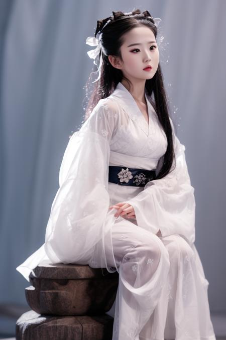 masterpiece, best quality,detailed face,
1girl,solo,((full body)),white hanfu,hair ribbon,
gradient background, sitting, 
 <lora:xiaolongnv_guofeng_v1:1> <lora:add_detail:0.5>