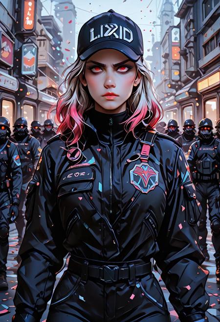 cyberpunk, pinkretroanime, gOth1cPXL, neon cityscape, science fiction, high-tech future, cybernetics:1.25, lineless:1.5, smooth edges, dramatic cinematic lighting)
(Dynamic female character in superhero pose, serious expression, black baseball cap with "LAPD," tactical dark jacket over light top with visible police logo patch, tactical combat suit aesthetic)
(Armed with guns, surrounded by fellow gunners, reviewing intel mid-action, portraying urgency, leadership, and strategic focus, implied police or anti-crime task force)
(Monochrome tactical gear contrasts vibrant neon-lit cyberpunk city background, left-lit soft shadows, detailed highlights and deep form contrast, intense urban atmosphere)
(Comic book style, bold vivid colors, clean linework, chaotic paper/confetti-inspired abstract background for depth without distraction)