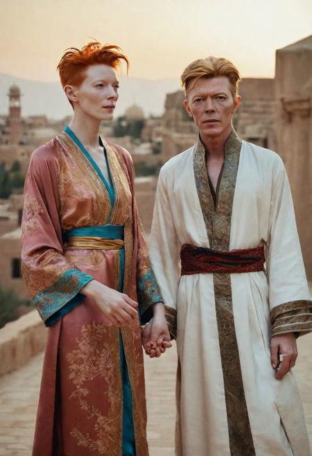 2 person holding hands, masterpiece, ultra realistic, professional photography, intricate details, young beautiful Tilda Swinton in oriental costume, young beautiful David Bowie in oriental costume, ancien Arabian city background, soft dim natural lighting,