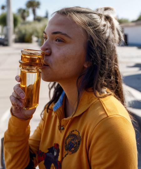 analog style, emb_greta  smoking weed out of a bongz, realistic, photo, fine detail, trending on artstation, detailed face and eyes, detailed anatomy,