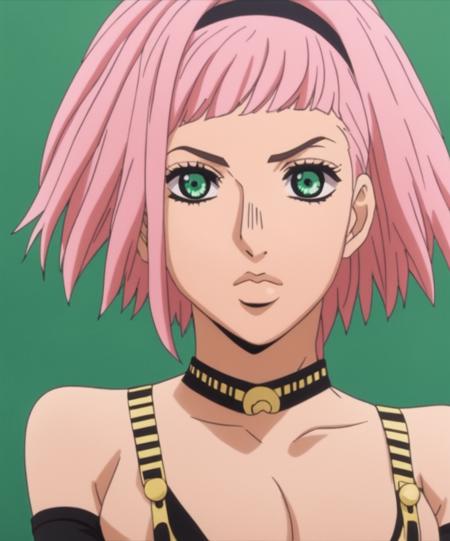 <lora:JOJO_1:0.9>,JOJO, trish una, 1girl, pink hair, green eyes, breasts, solo, cleavage, medium breasts, short hair, choker, looking at viewer, upper body, bare shoulders, collarbone, hair between eyes, lips, pink lips, twitter username