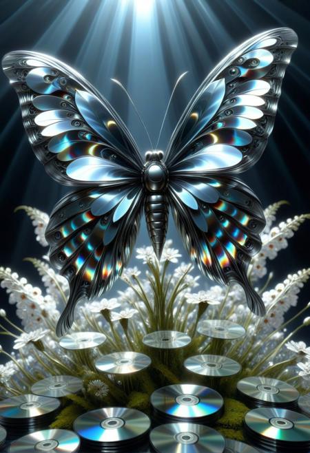 masterpiece, best quality, ultra detailed. highres.
(made of cd's:1.25), a fractal hyper-realistic digital chrome art of a cold silver-colored, moth dancing on all the flowers
smooth, reflective surface, captures and distorts ambient light in cinematic ways, creating dynamic highlights and shadows across its polished contours. void, iridescent,