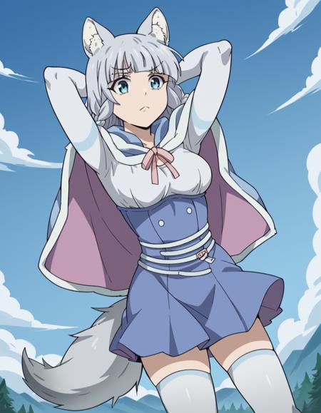 shigure, long hair, blue eyes, animal ears, braid, grey hair, animal ear fluff, wolf ears, wolf tail, wolf girl, tail, medium breasts, skirt, cape, blue skirt, capelet, skirt, thighhighs, white thighhighs,