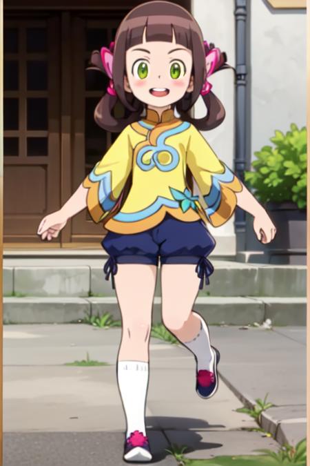 lilia, brown hair, green eyes, hair ornament, flower, hair flower, shoes, shorts, blue shorts, socks, white socks, blunt bangs, hair rings, twintails, shirt, yellow shirt